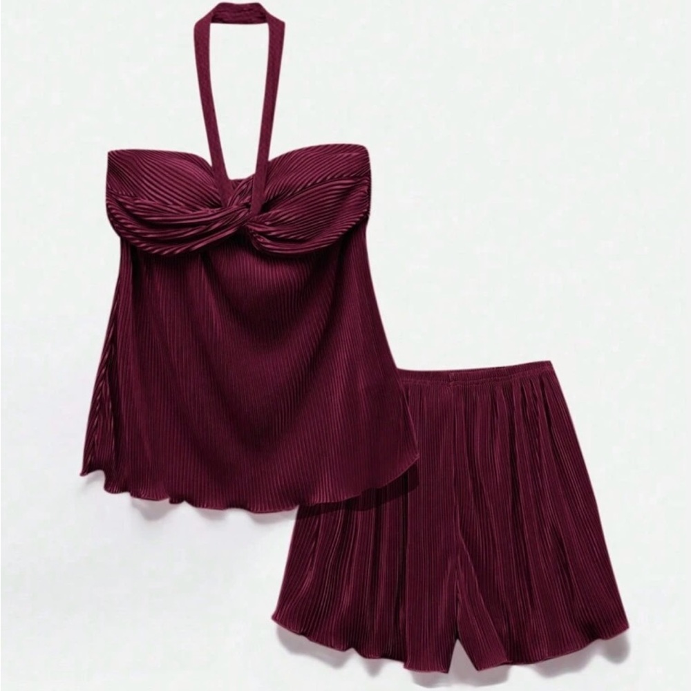 Women's Burgundy Halter Top and Skirt Set